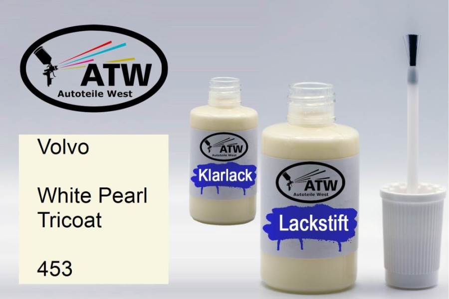 Volvo, White Pearl Tricoat, 453: 20ml Lackstift + 20ml Klarlack - Set, von ATW Autoteile West.